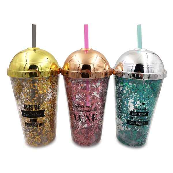 Plastic Tumbler in Double Wall with Dome Cover and Straw (2)
