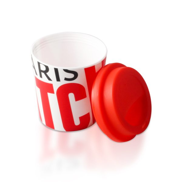 plastic travel coffee cup with red lid